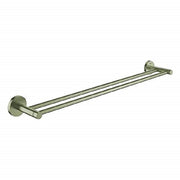 Brushed nickel double towel bar with two parallel rails mounted on circular wall brackets.