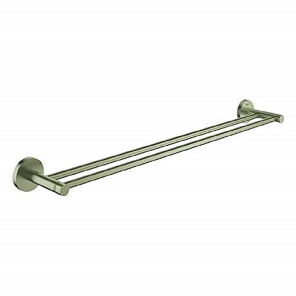 Brushed nickel double towel bar with two parallel rails mounted on circular wall brackets.