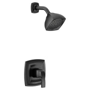 Matte black shower trim kit with single lever handle, curved arm, and square showerhead with perforations.