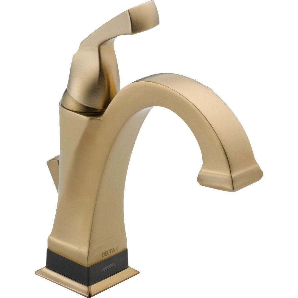 Champagne-bronze bathroom faucet with curved spout, single handle, and square base with black sensor panel.