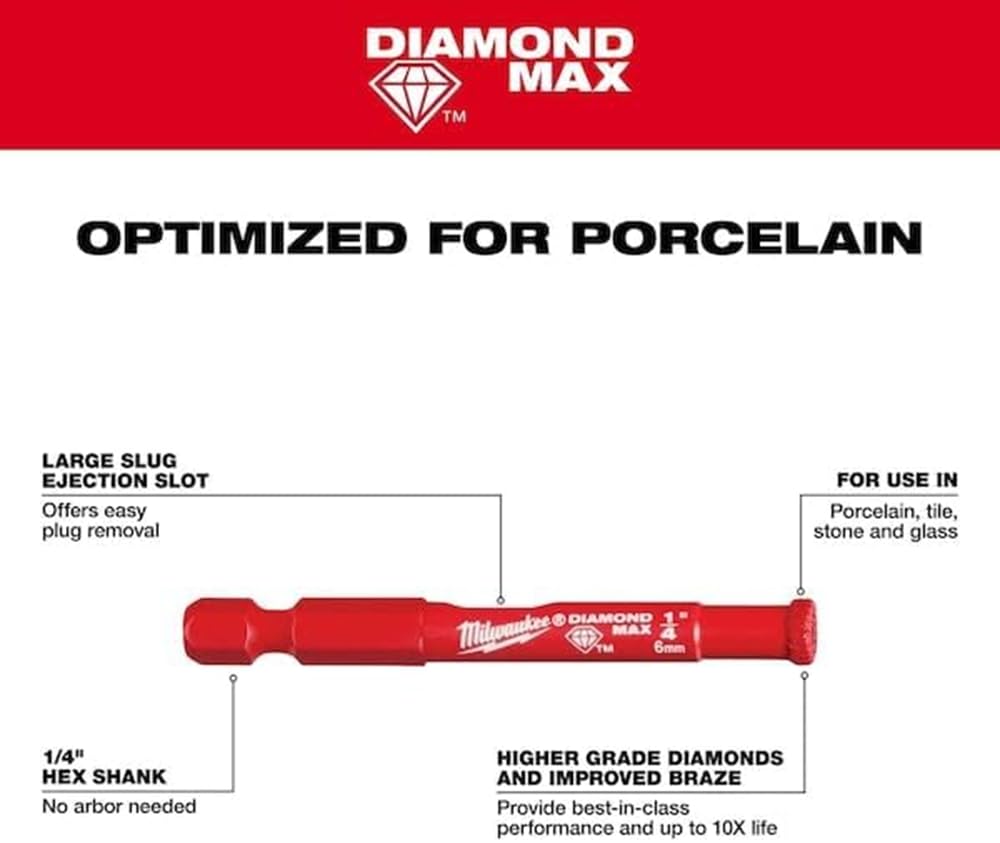 Milwaukee Diamond Max 3/16" one-piece hole saw with red cylindrical body, 1/4" hex shank, and large slug ejection slot.