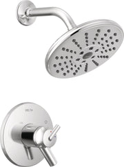 Chrome shower trim with round multi-jet showerhead and wall-mounted valve control with temperature indicator dots.