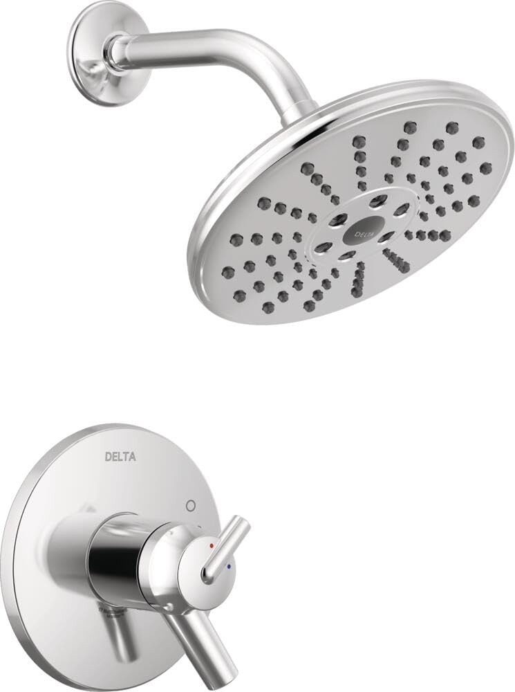 Chrome shower trim with round multi-jet showerhead and wall-mounted valve control with temperature indicator dots.