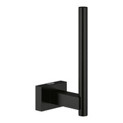 Matte black cylindrical spare toilet paper holder with square wall-mounted base and vertical roll post.