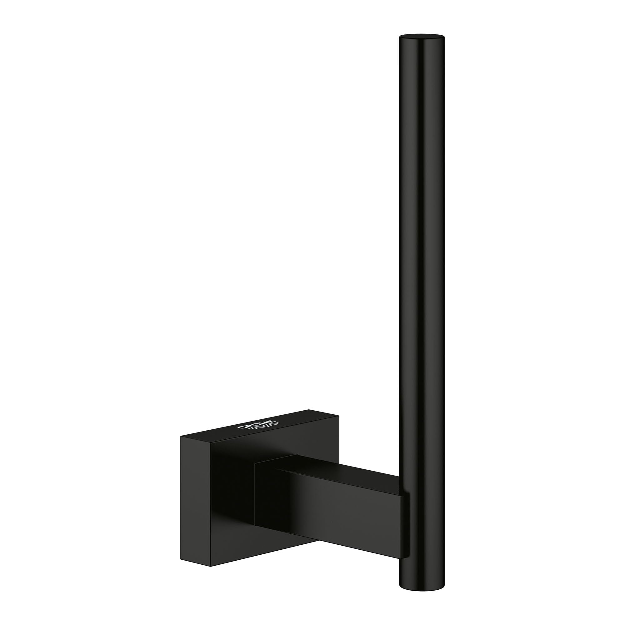 Matte black cylindrical spare toilet paper holder with square wall-mounted base and vertical roll post.