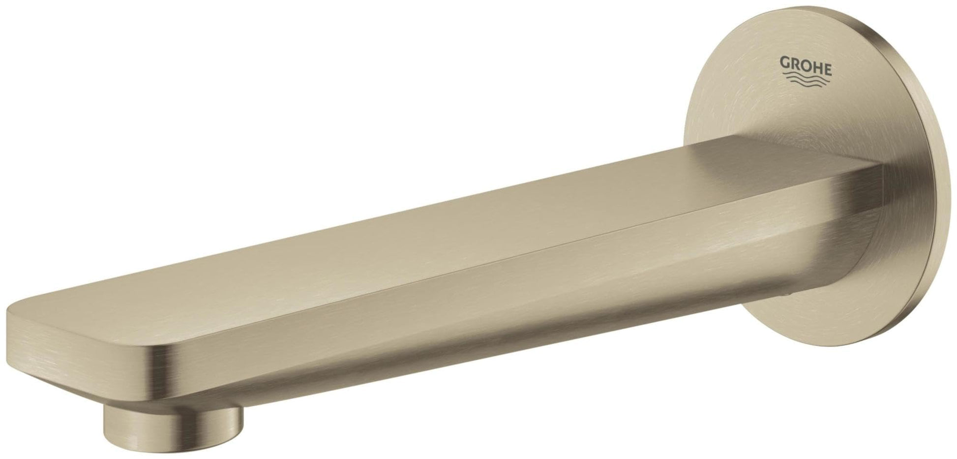 Grohe Lineare tub spout with curved rectangular outlet and circular wall mount in brushed nickel finish.
