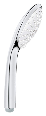 Chrome hand shower with oval head featuring multiple spray nozzles and curved white handle with black accent stripe.