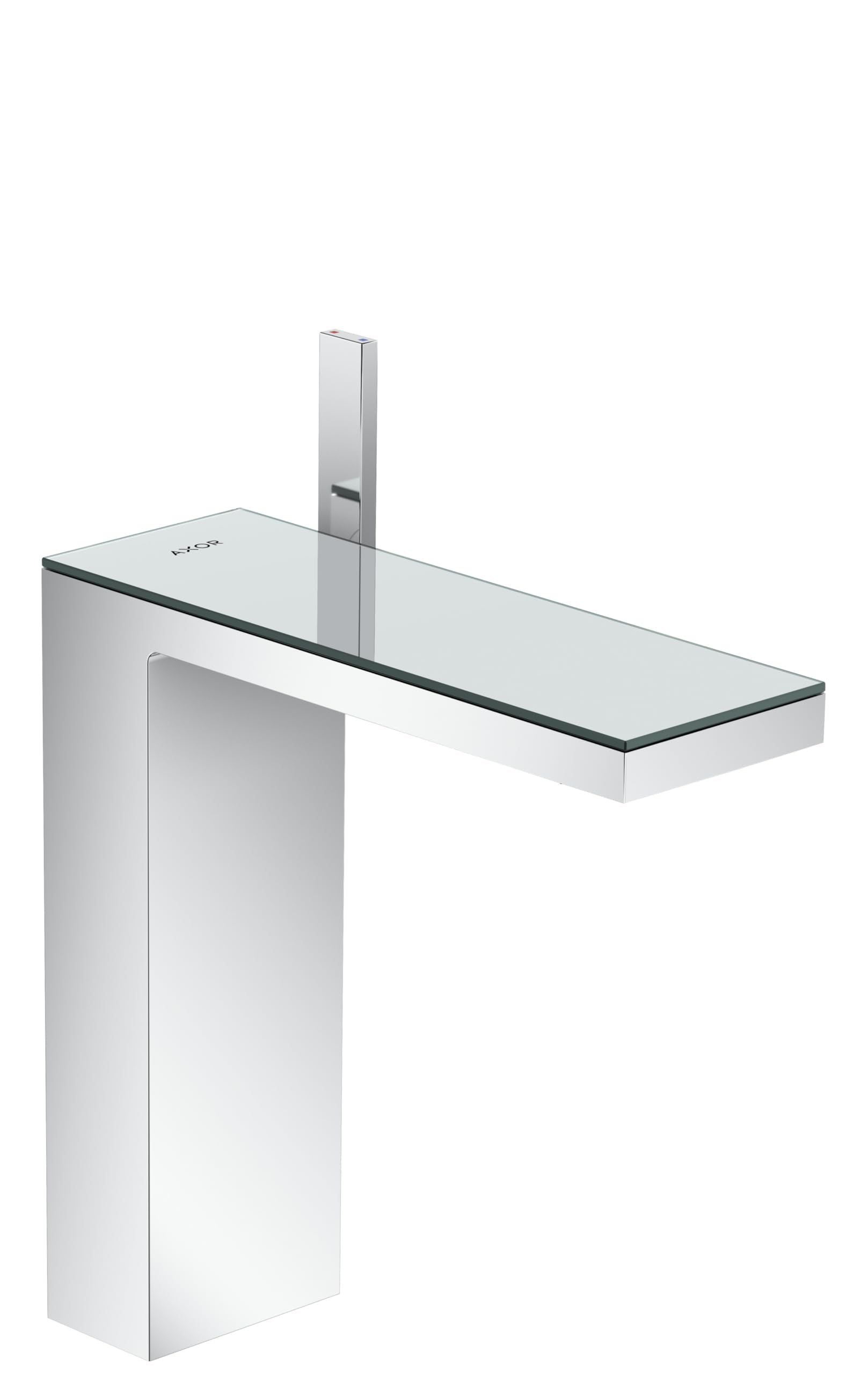 Chrome single-hole faucet with tall rectangular spout and mirror glass countertop basin in white and chrome finish.