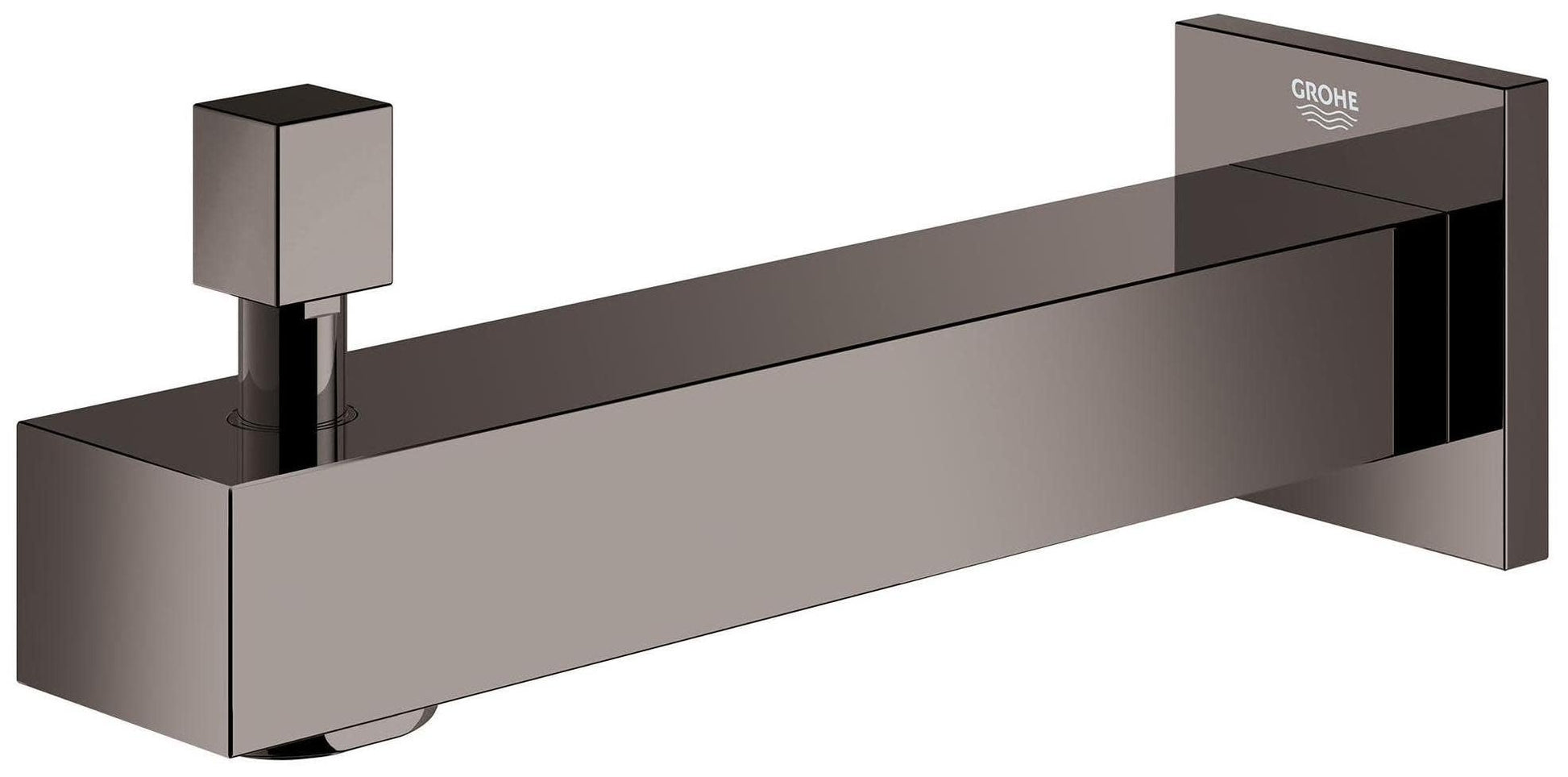 Matte black rectangular tub spout with diverter lever and wall-mounted bracket from Grohe Eurocube collection.