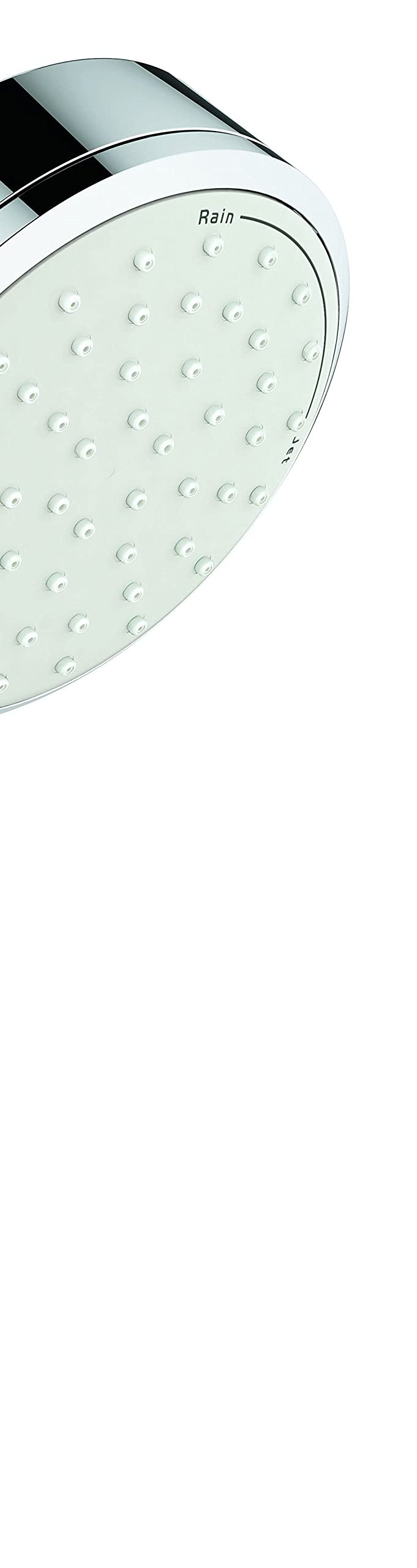 Chrome hand shower with white face, multiple spray jets labeled "Rain," and curved arm attachment.