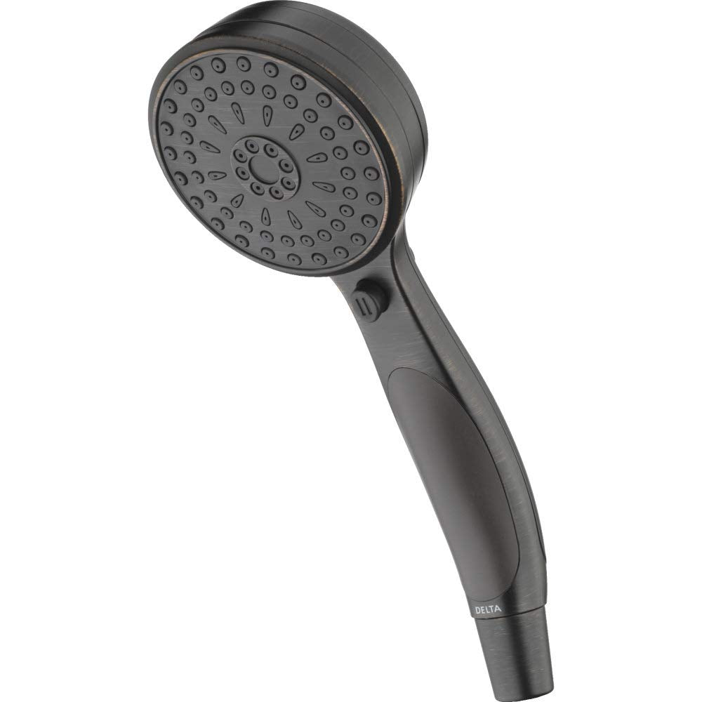Black hand shower with circular spray head containing multiple jets and textured grip handle.