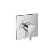 Chrome square pressure balance shower valve trim with round handle and temperature control dial marked "HOT".