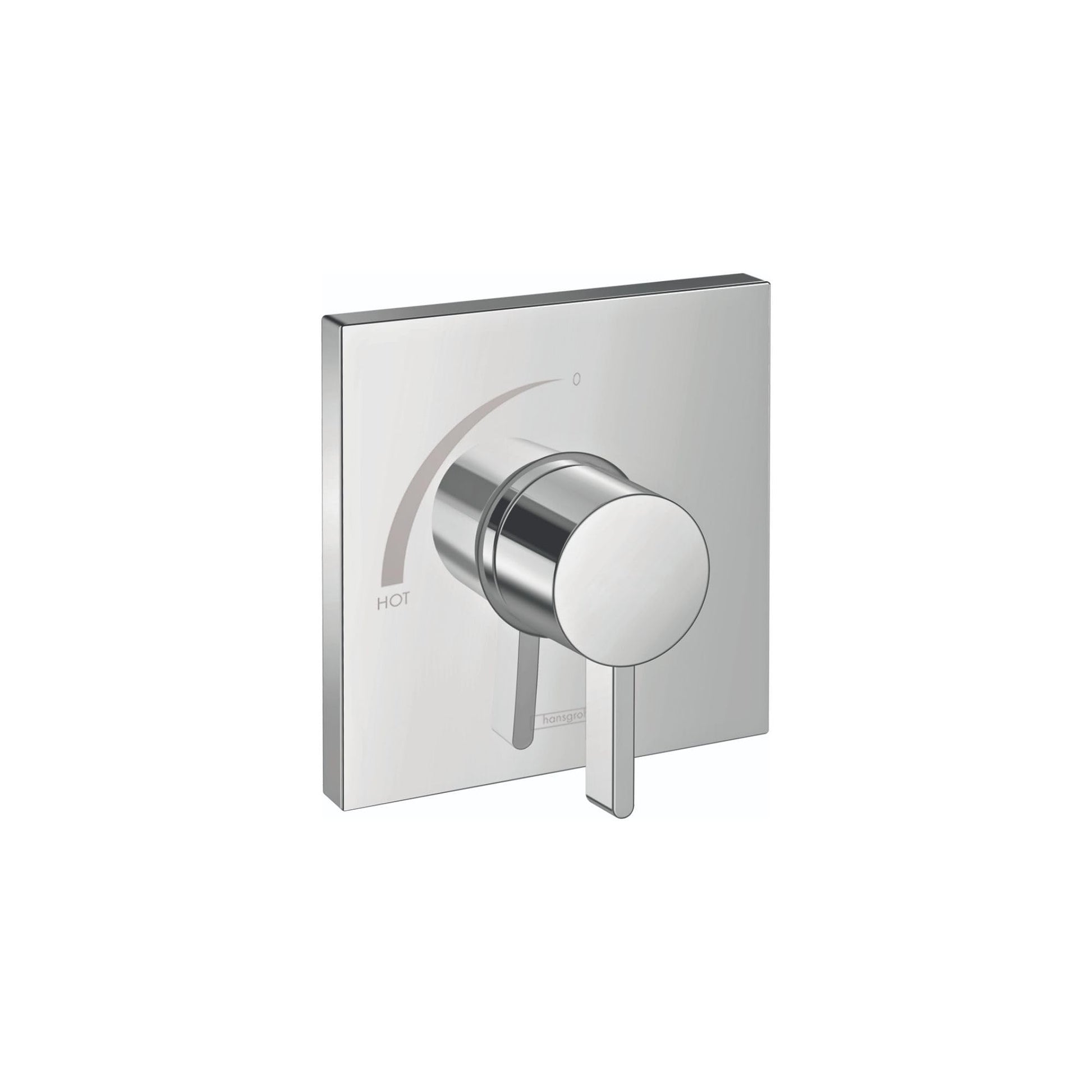 Chrome square pressure balance shower valve trim with round handle and temperature control dial marked "HOT".