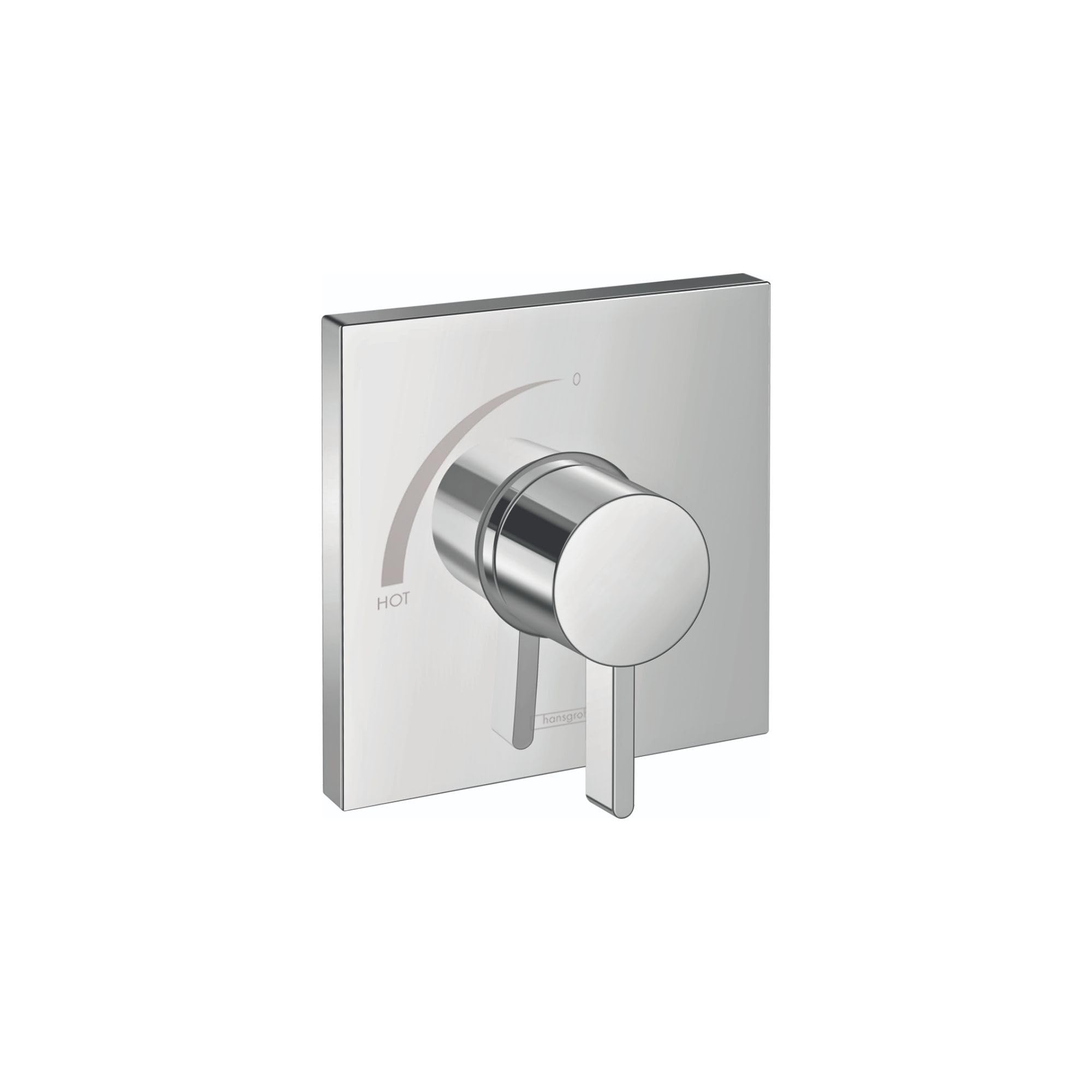 Chrome square pressure balance shower valve trim with round handle and temperature control dial marked "HOT".