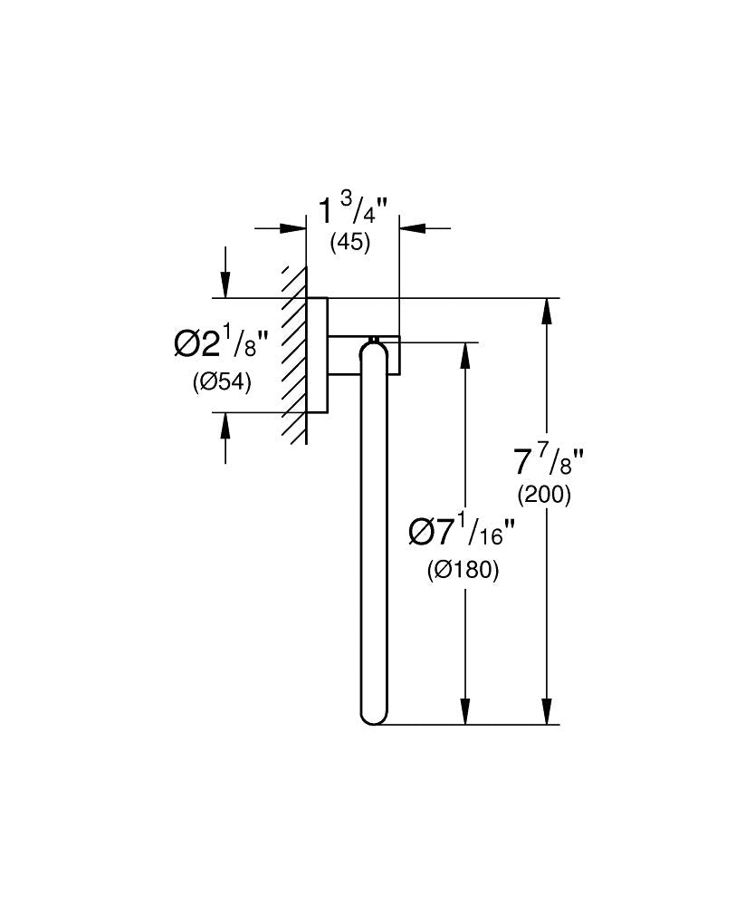 Technical schematic of an 8-inch towel ring with mounting dimensions and specifications shown in inches and millimeters.