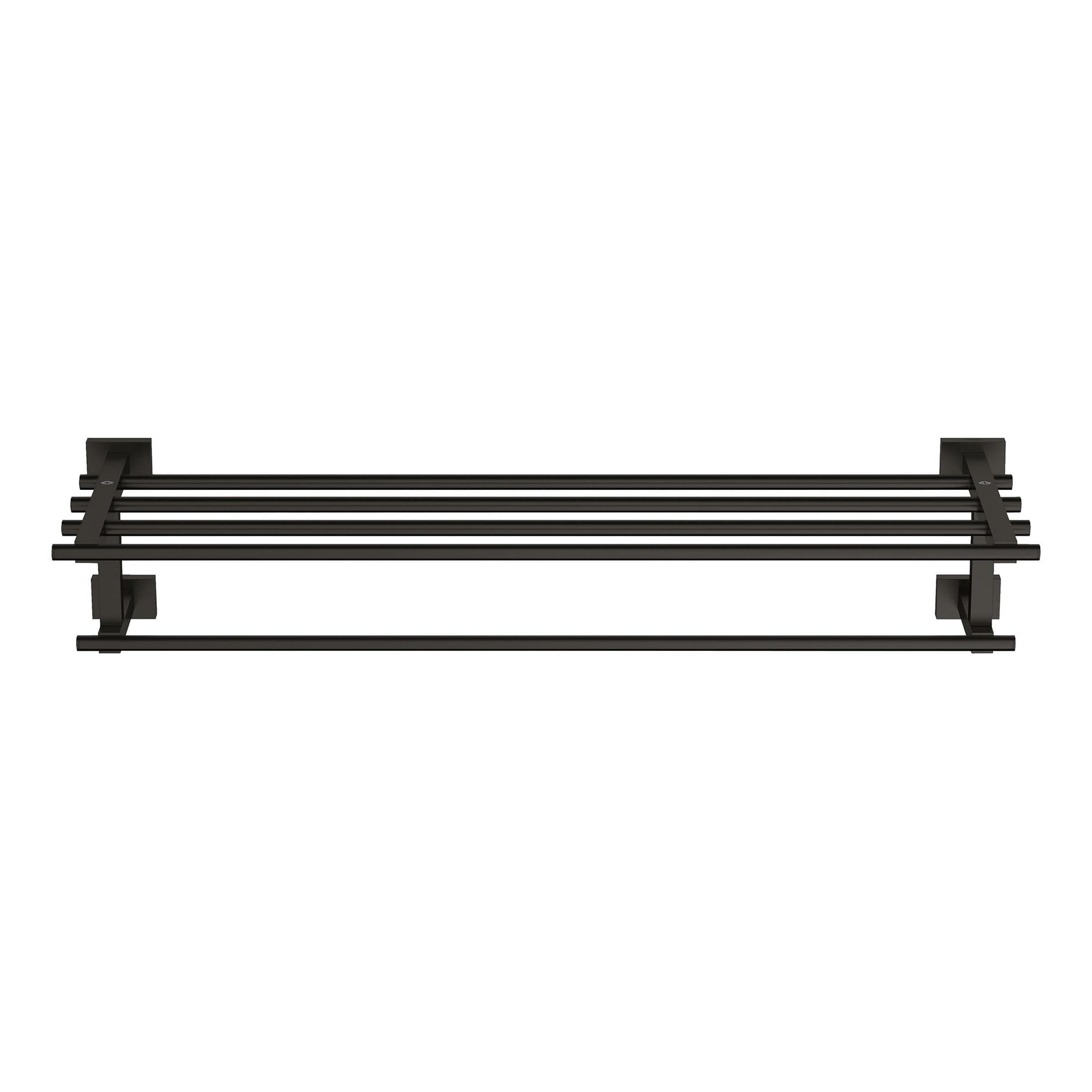 Matte black multi-towel rack with three horizontal bars and square mounting brackets on each end.
