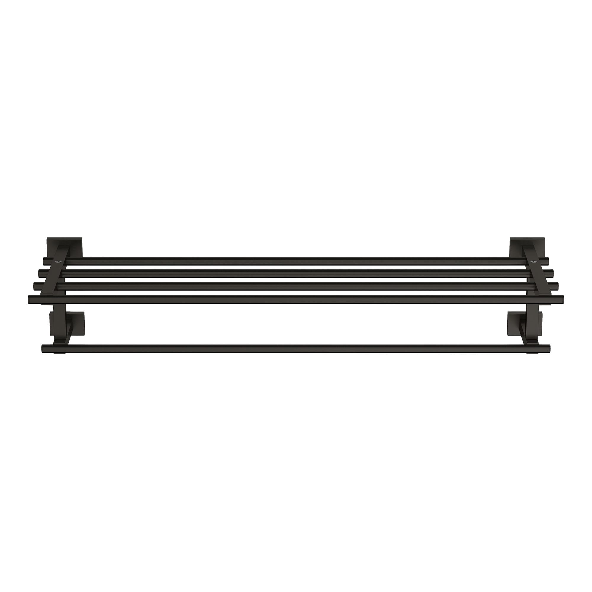 Matte black multi-towel rack with three horizontal bars and square mounting brackets on each end.