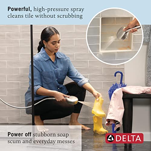 Chrome hand shower with 6 spray settings and cleaning spray function for tile and surfaces.