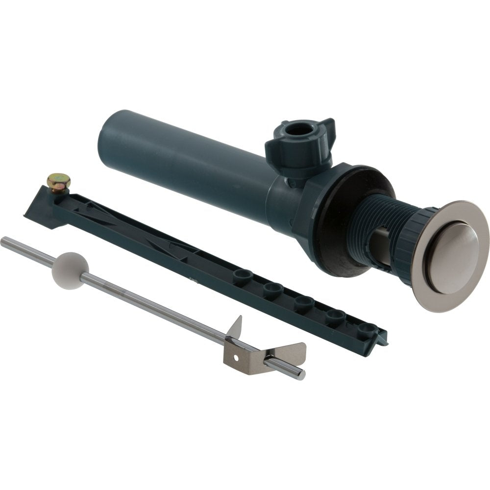 Stainless steel pop-up drain assembly with plastic components, black valve body, and metal rod mechanism for bathroom sink in