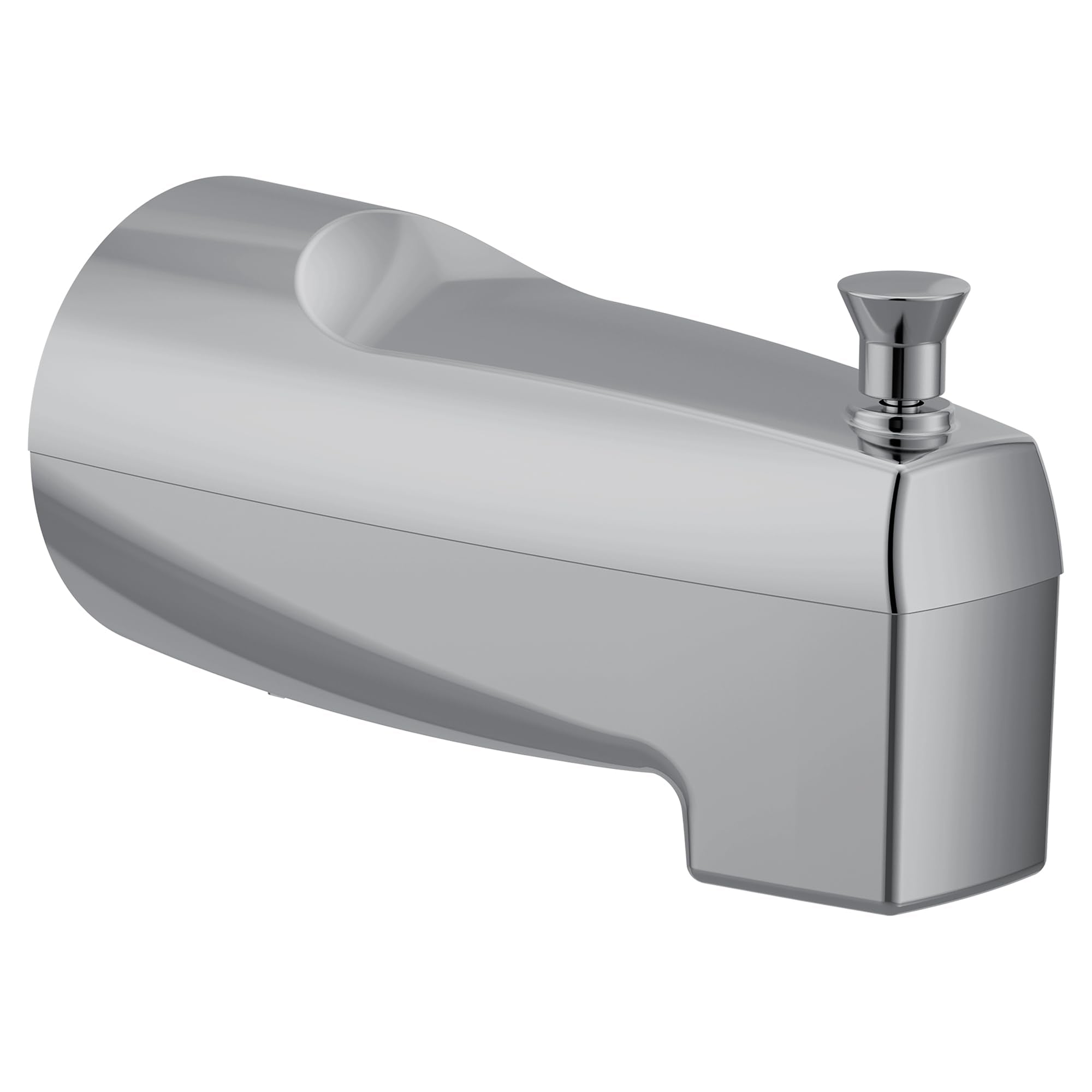 Chrome tub spout with curved body, angled outlet, and diverter lever on right side.