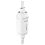White cylindrical Delta pre-filter cartridge with "THIS SIDE UP" text and directional arrow on housing.