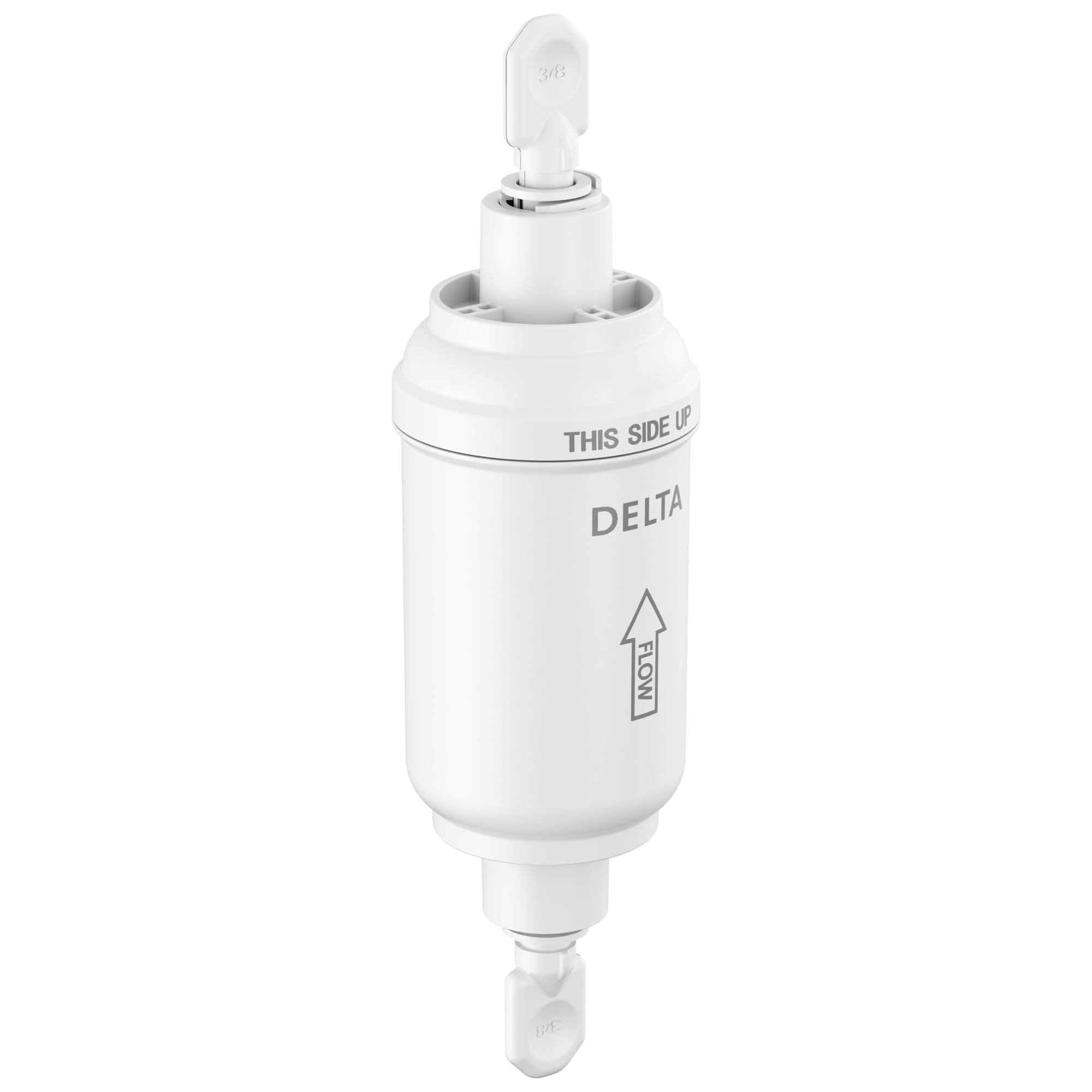 White cylindrical Delta pre-filter cartridge with "THIS SIDE UP" text and directional arrow on housing.