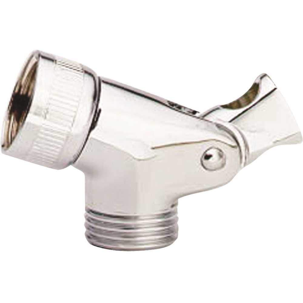 Chrome swivel connector with threaded base and pivoting arm for hand shower attachment.