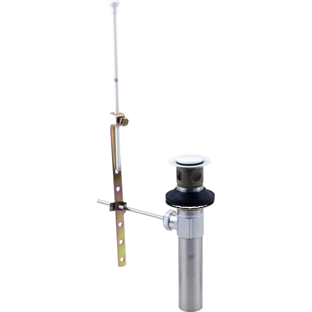 White metal pop-up drain assembly with chrome pipe, black rubber seal, and brass linkage mechanism for bathroom sink installa