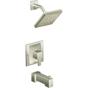 Brushed nickel tub and shower trim kit with square showerhead, curved arm, valve trim plate, and tub spout.