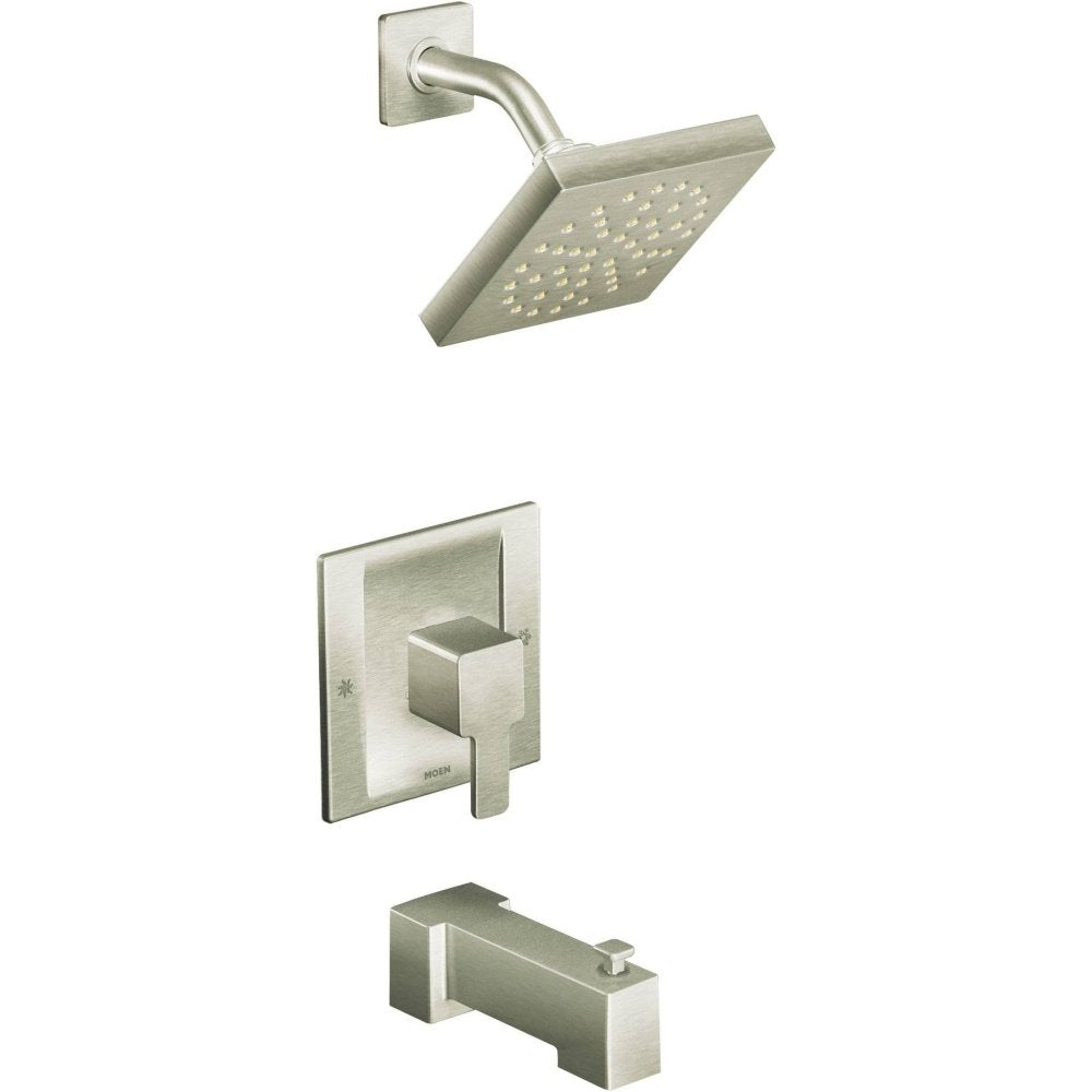 Brushed nickel tub and shower trim kit with square showerhead, curved arm, valve trim plate, and tub spout.