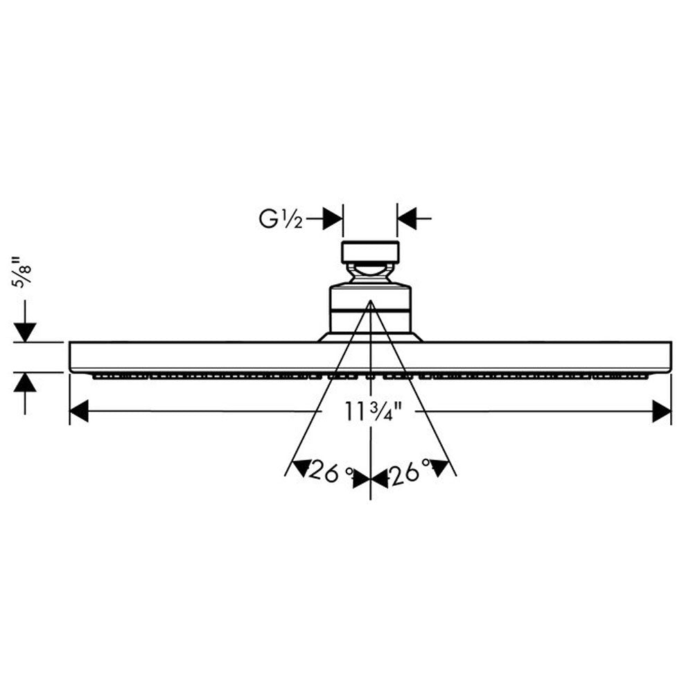 Chrome round shower head with 11¾" diameter face and G½" connection, shown in top-down technical diagram with spray angle spe