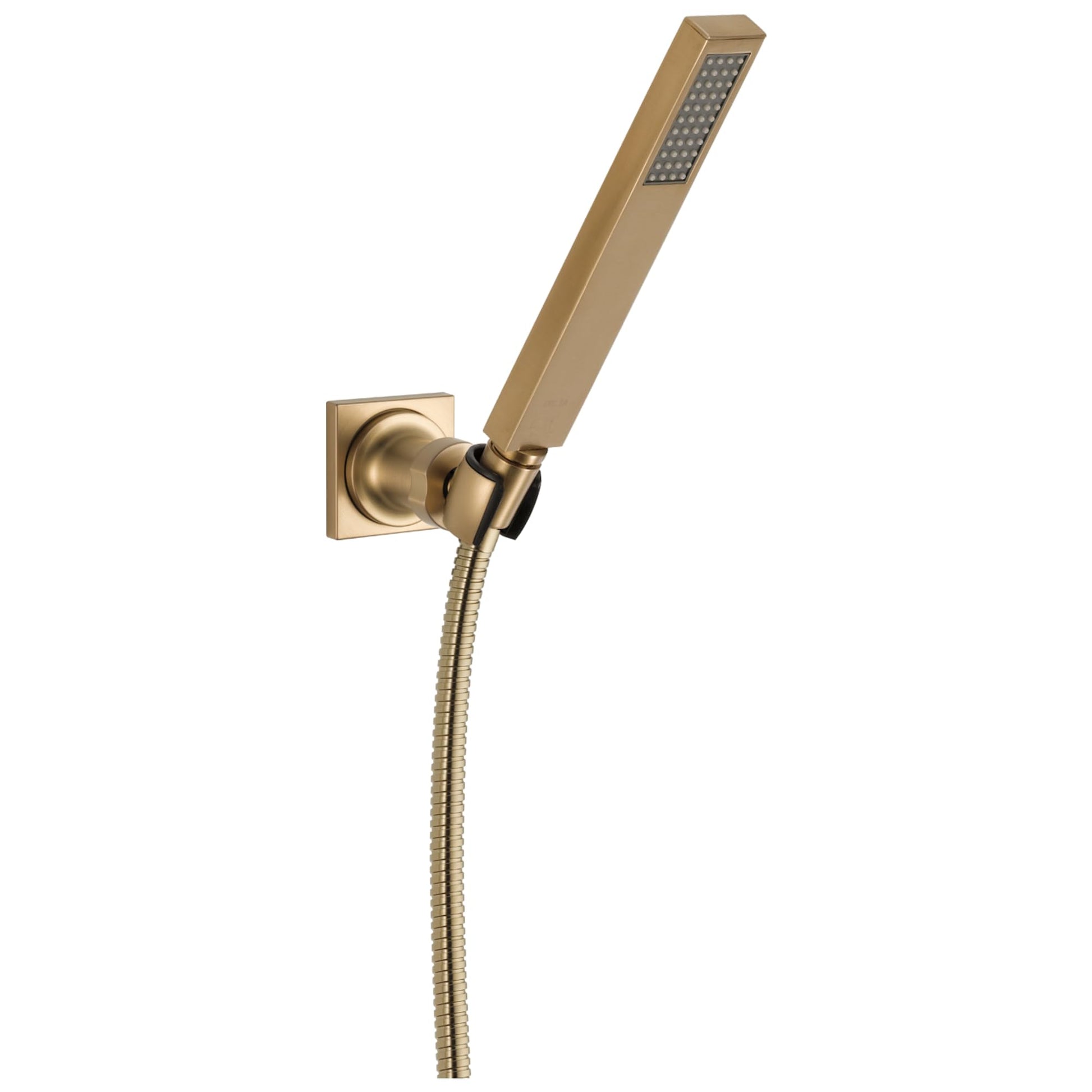 Champagne bronze wall-mounted hand shower with rectangular head, adjustable bracket, and flexible hose.