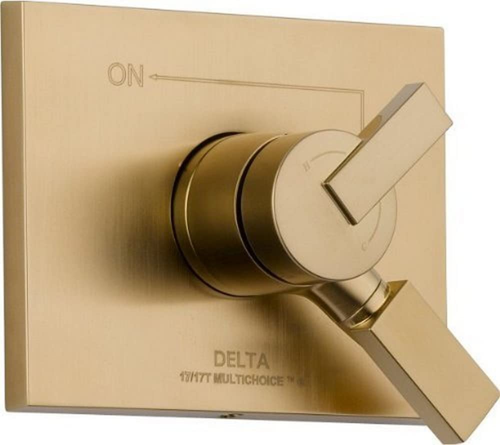 Champagne bronze Delta Vero Monitor valve trim with rectangular escutcheon plate, cylindrical handle, and on/off lever.