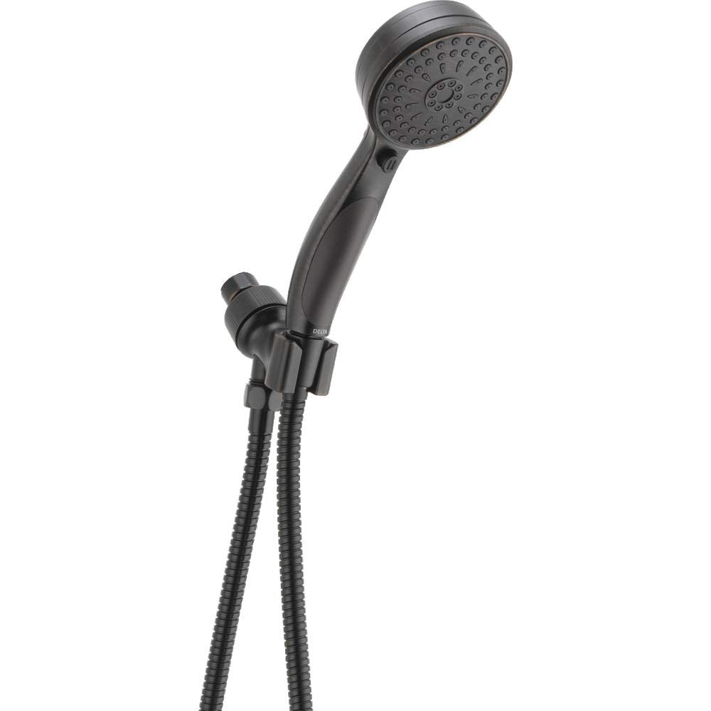 Chrome hand shower head with perforated face, adjustable mount bracket, and flexible hose connection.