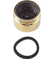 Polished brass cylindrical aerator with honeycomb flow restrictor and black rubber gasket seal.