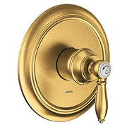 Brushed gold round shower trim plate with single lever handle and chrome accent cap.