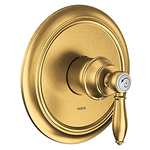 Brushed gold round shower trim plate with single lever handle and chrome accent cap.