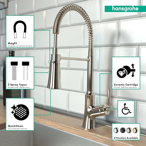 Polished nickel semi-pro kitchen faucet with coiled spray hose, single handle, and pull-down sprayer head.