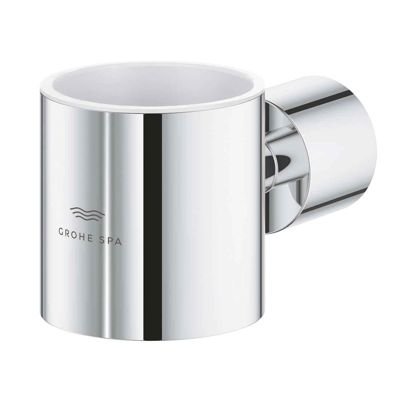 Grohe Atrio chrome cylindrical holder with white ceramic interior and wall-mounted bracket on right side.