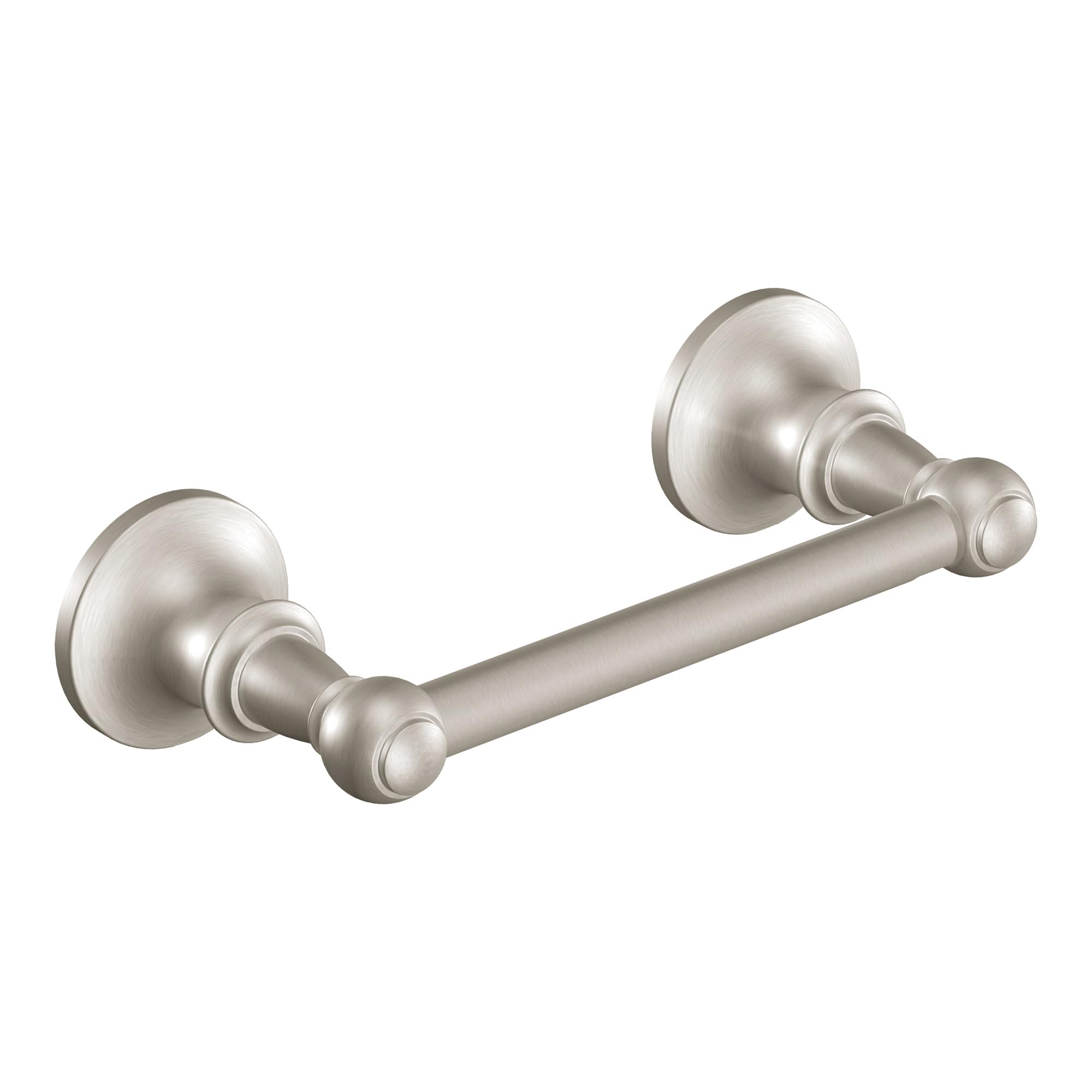 Brushed nickel pivoting toilet paper holder with dual wall-mounted rosette plates and horizontal rod.