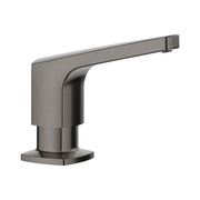 Satin dark steel soap dispenser with angular geometric design and square base.