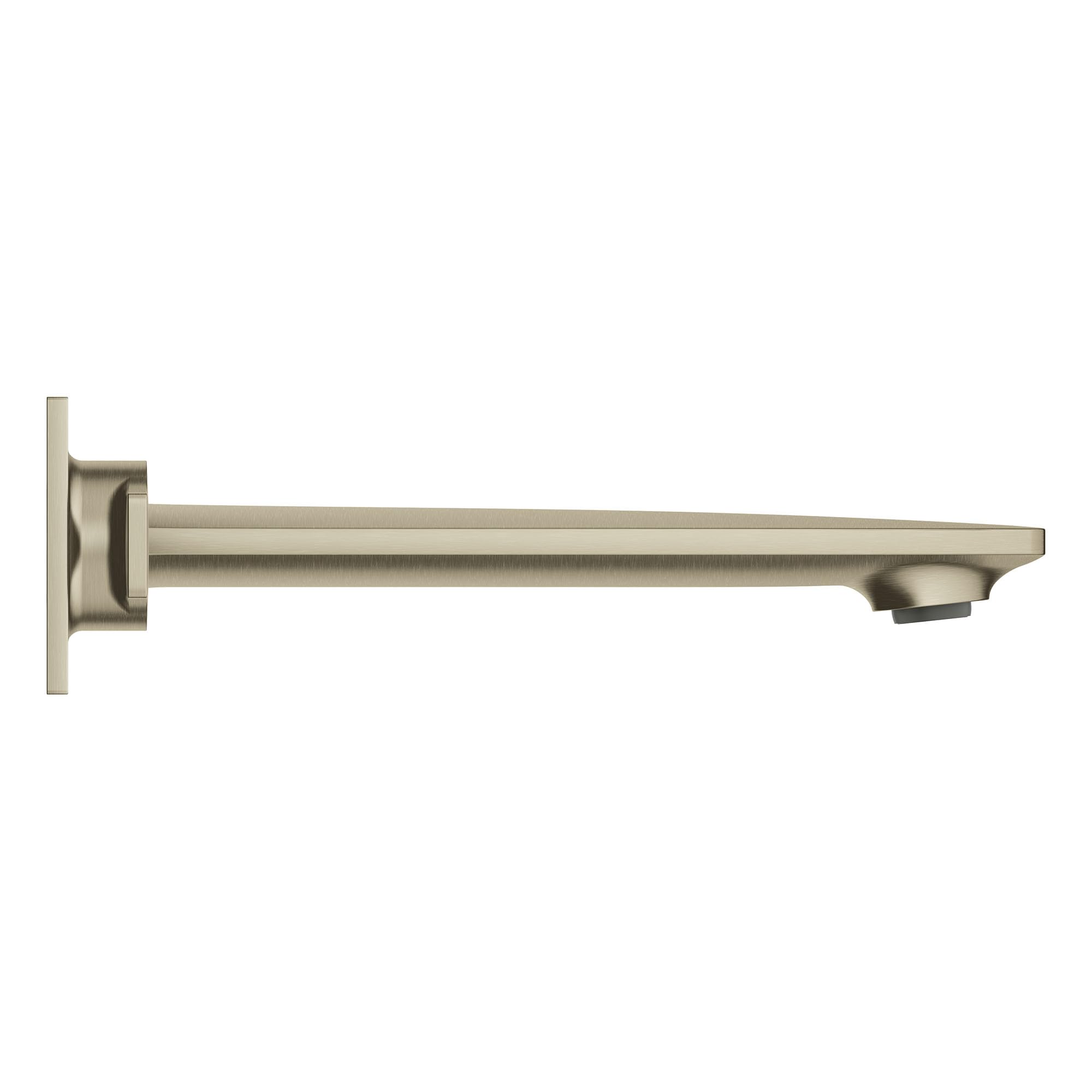Brushed nickel wall-mounted faucet spout with square mounting plate and single handle control on right side.
