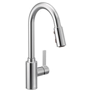 Chrome kitchen faucet with curved spout, pull-down sprayer head, and single lever handle.