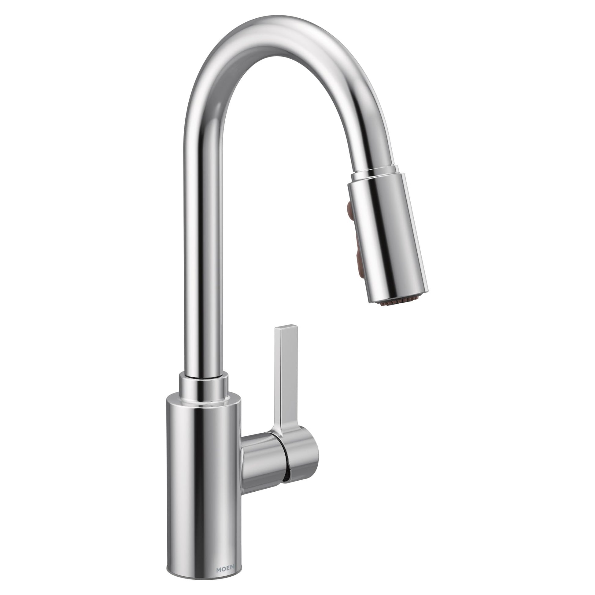 Chrome kitchen faucet with curved spout, pull-down sprayer head, and single lever handle.