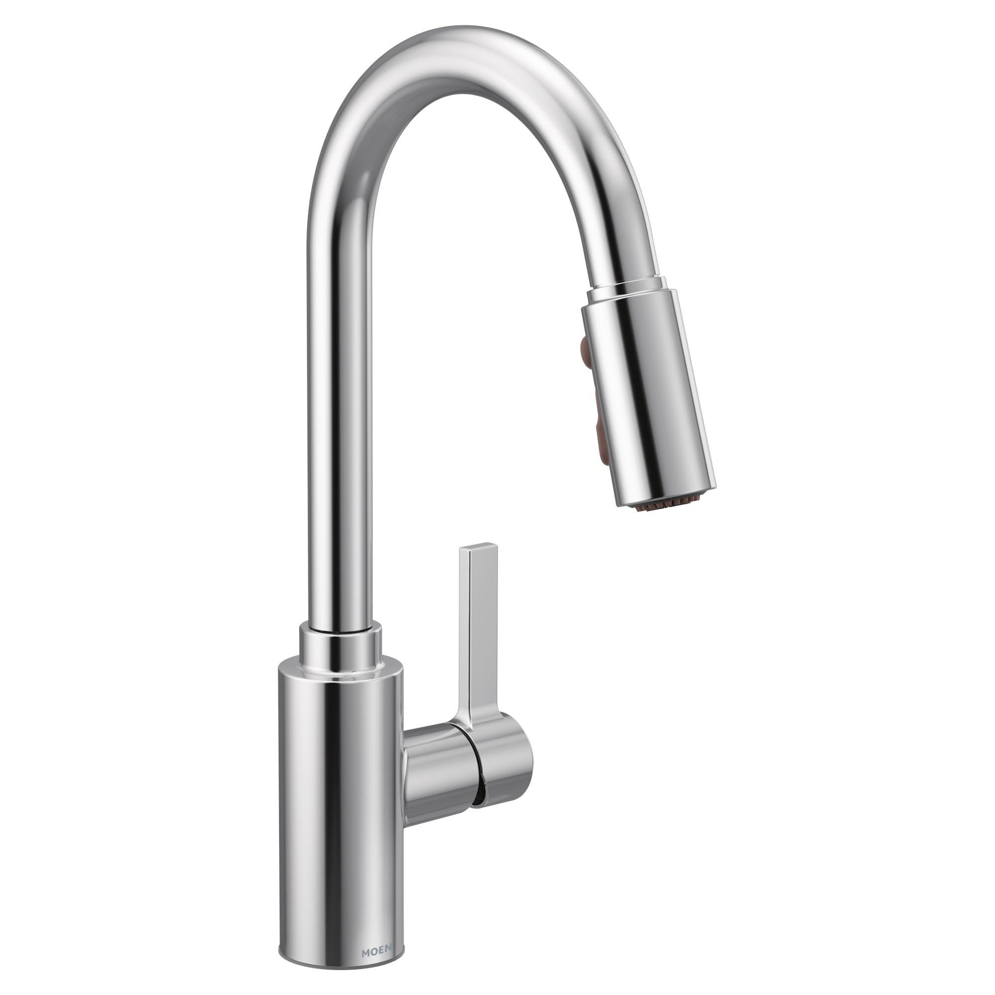 Chrome kitchen faucet with curved spout, pull-down sprayer head, and single lever handle.