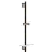 Grohe hard graphite shower slide bar with cylindrical handheld holder, adjustable bracket, and glass shelf.