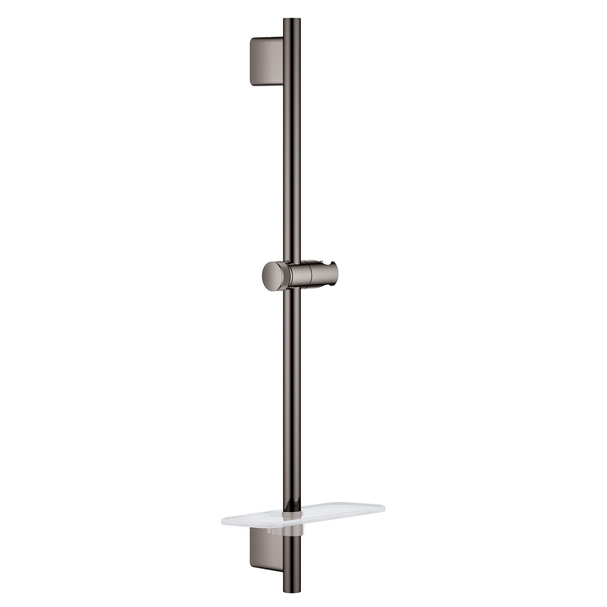 Grohe hard graphite shower slide bar with cylindrical handheld holder, adjustable bracket, and glass shelf.