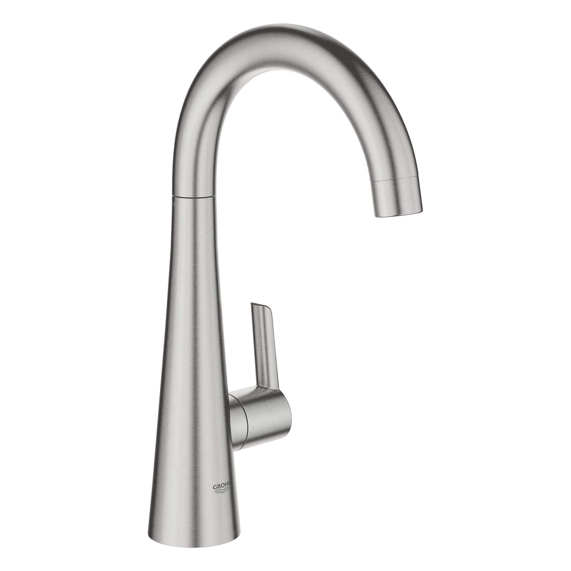 Stainless steel single-handle beverage faucet with curved spout and lever handle.