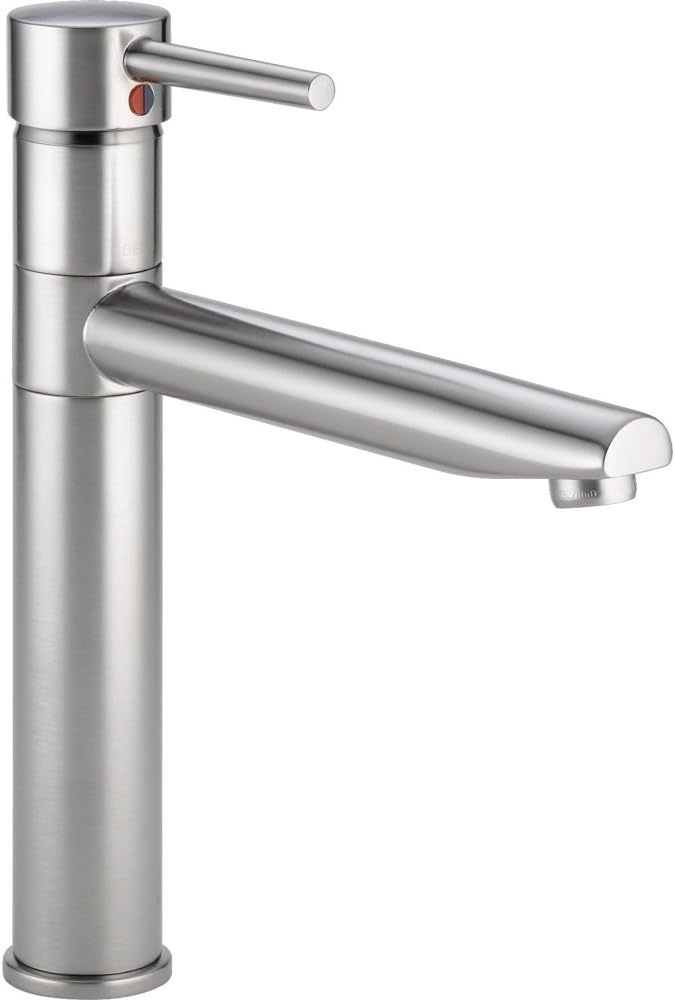Stainless steel single handle kitchen faucet with cylindrical body, extended spout, and red control lever.