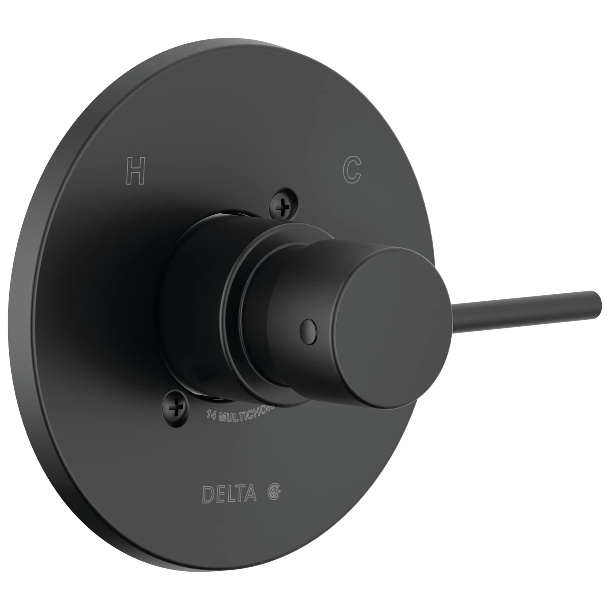 Matte black round trim plate with lever handle, H and C markings, and Delta branding for shower valve control.